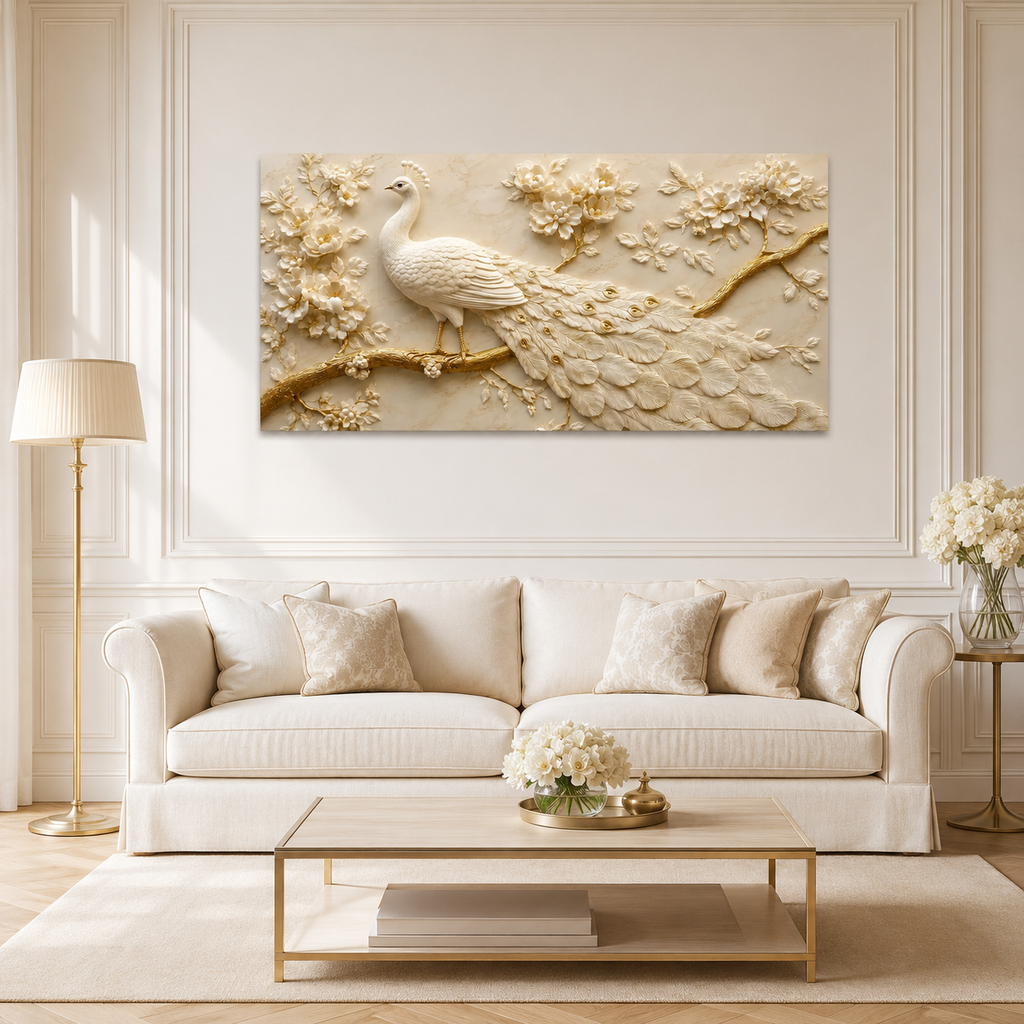 Royal White Peacock 3D Painting with Gold Accents for Living Room Wall Decor