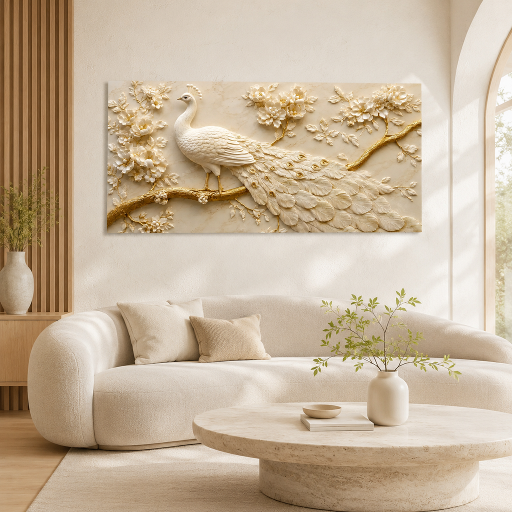 Royal White Peacock 3D Painting with Gold Accents for Living Room Wall Decor