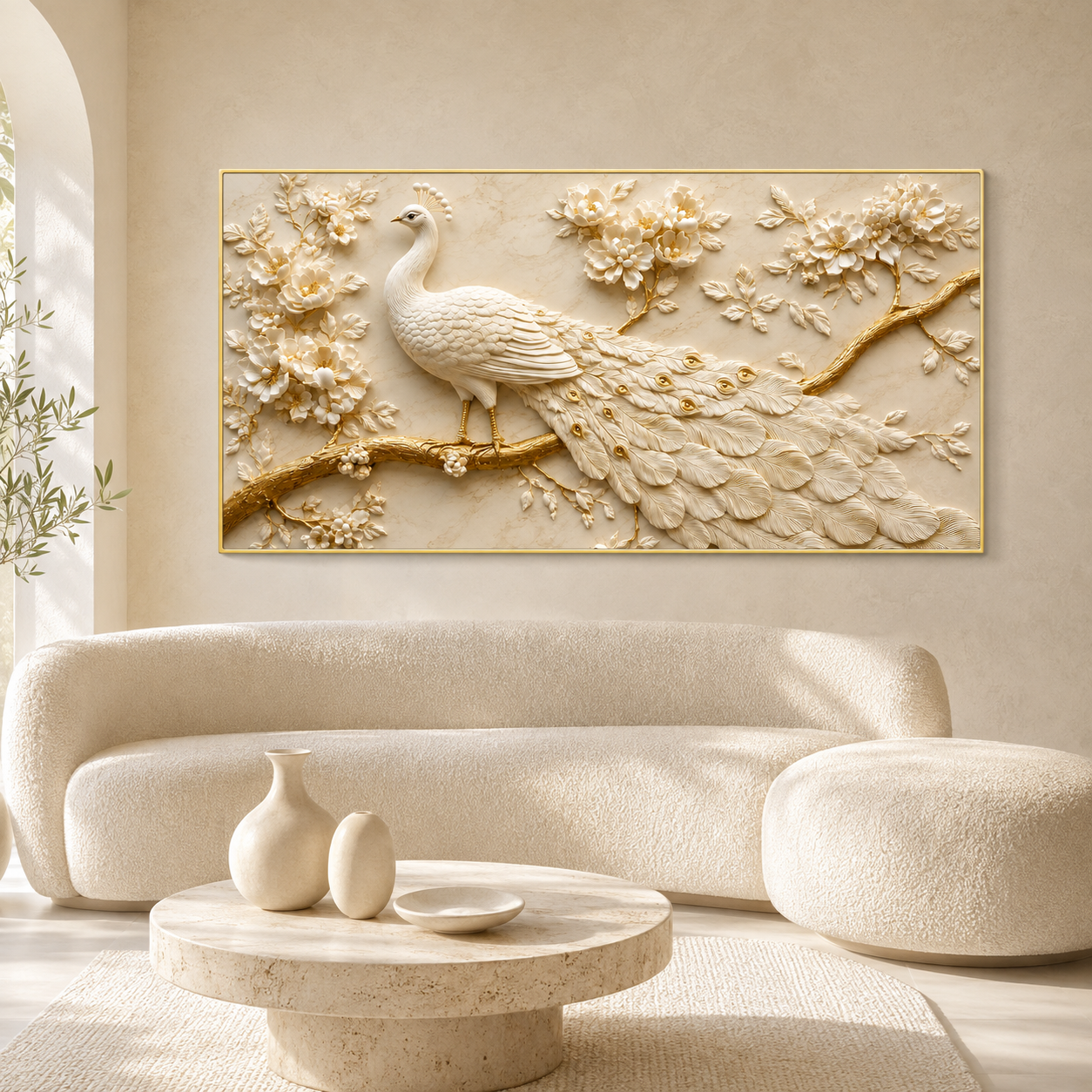 Royal White Peacock 3D Painting with Gold Accents for Living Room Wall Decor