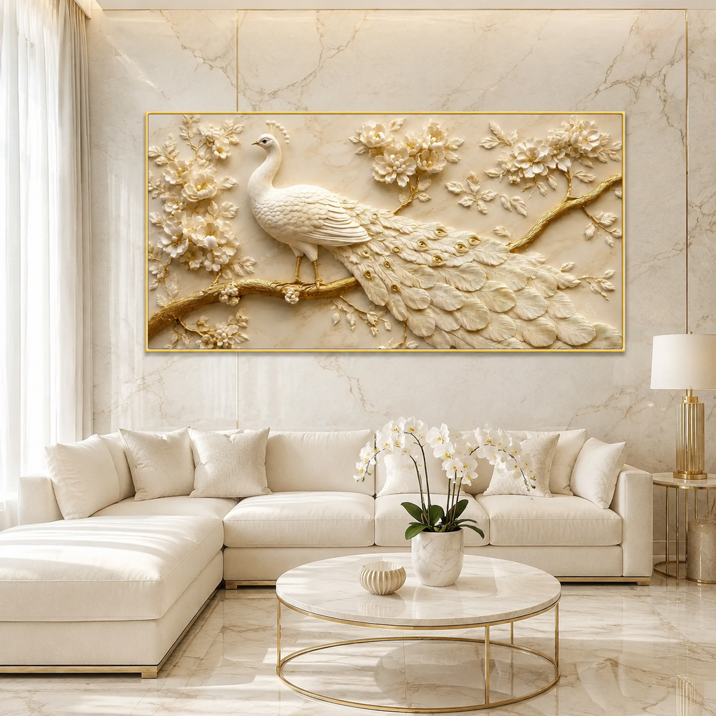 Royal White Peacock 3D Painting with Gold Accents for Living Room Wall Decor