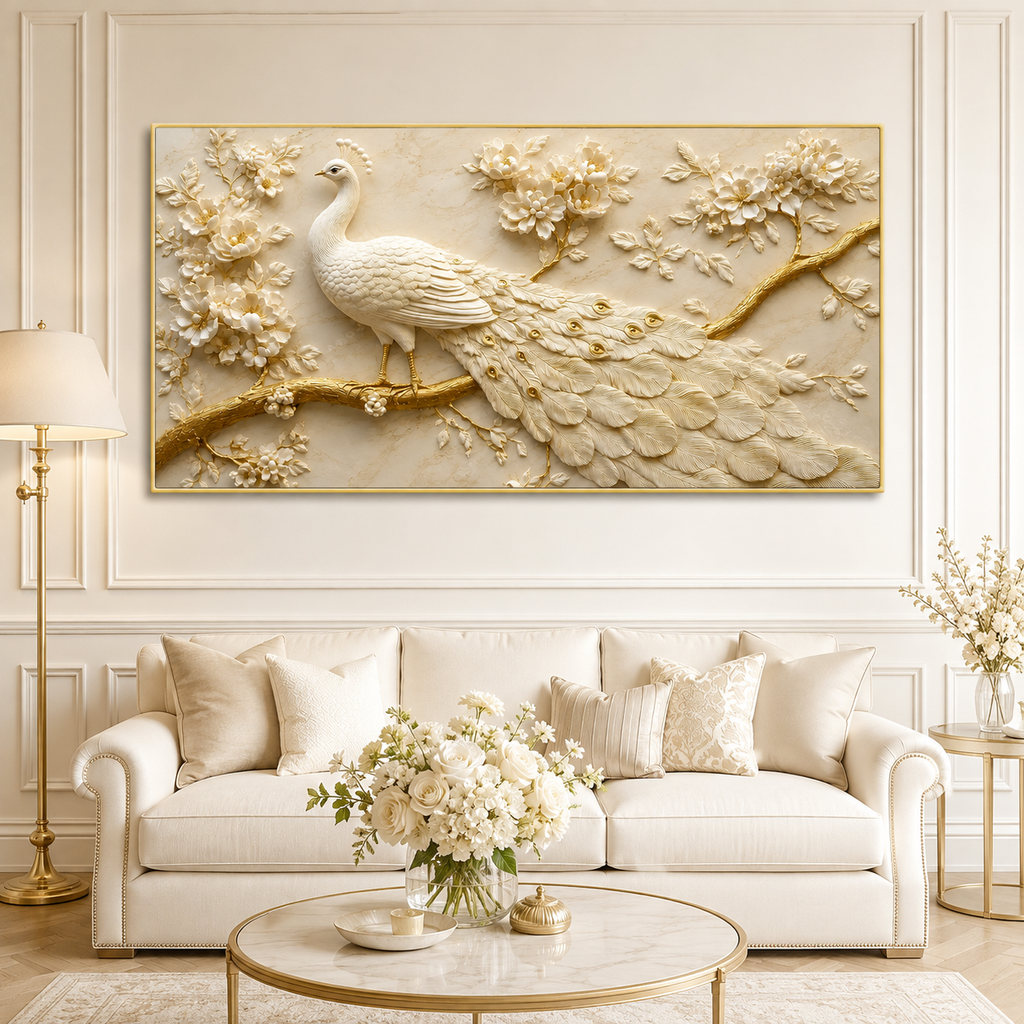 Royal White Peacock 3D Painting with Gold Accents for Living Room Wall Decor