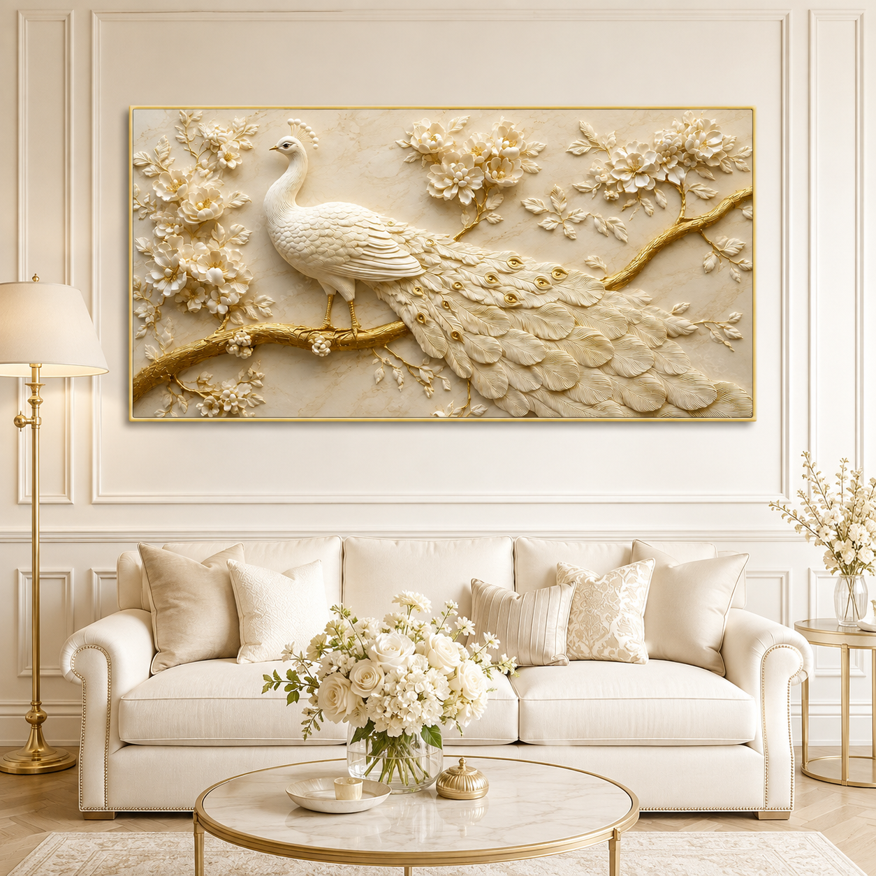 Royal White Peacock 3D Painting with Gold Accents for Living Room Wall Decor