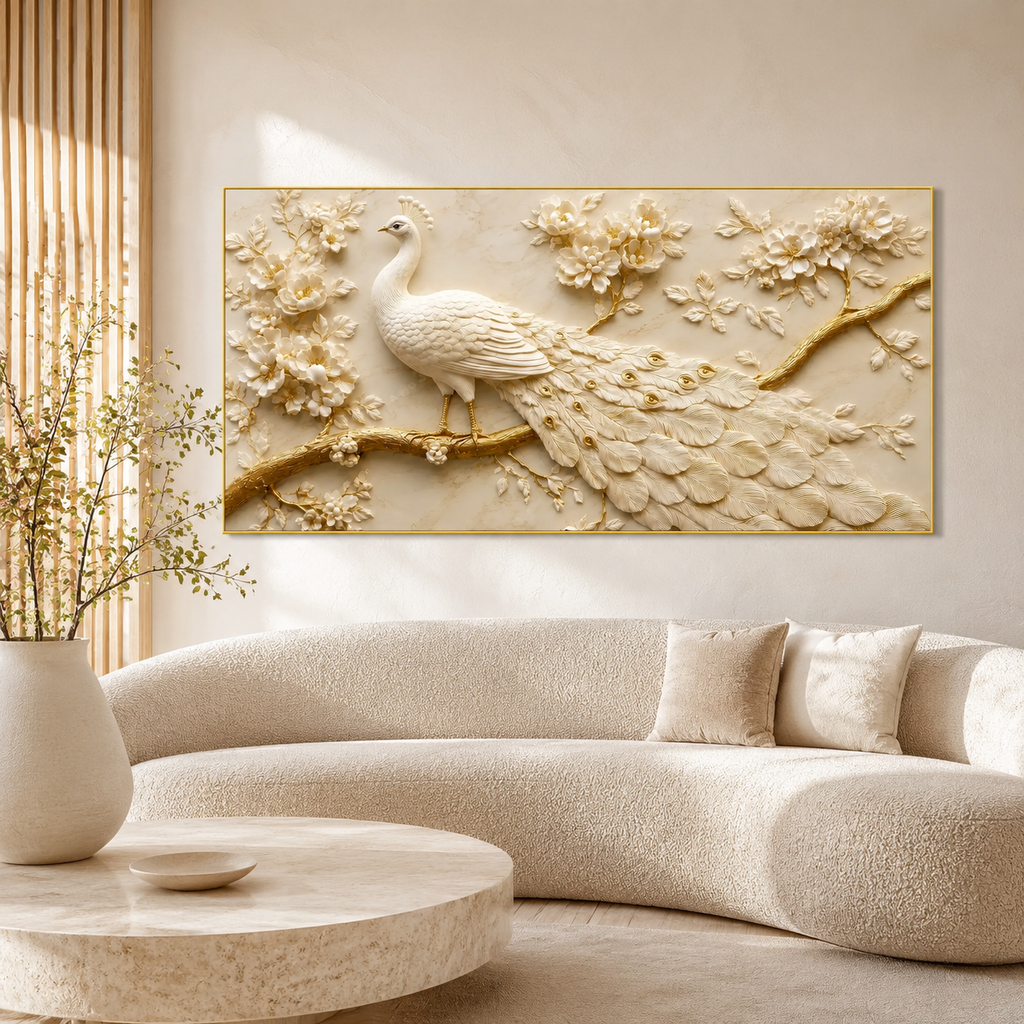 Royal White Peacock 3D Painting with Gold Accents for Living Room Wall Decor