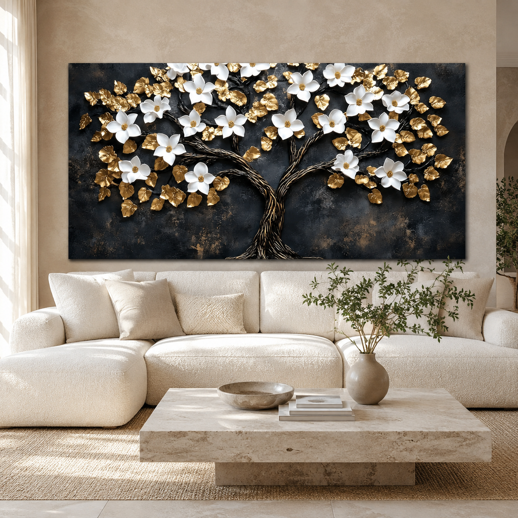 Luxury White Flower Golden Tree 3D Wall Art Painting for Modern Living Room
