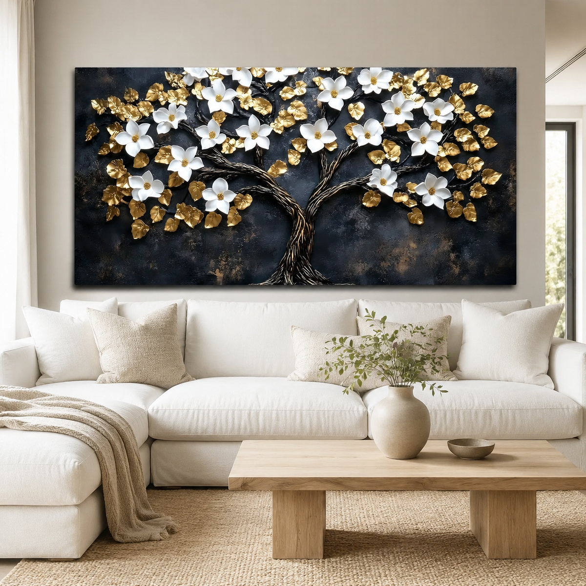 Luxury White Flower Golden Tree 3D Wall Art Painting for Modern Living Room