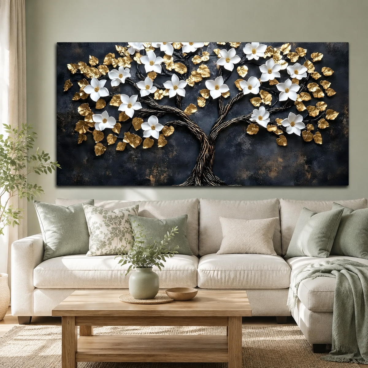 Luxury White Flower Golden Tree 3D Wall Art Painting for Modern Living Room