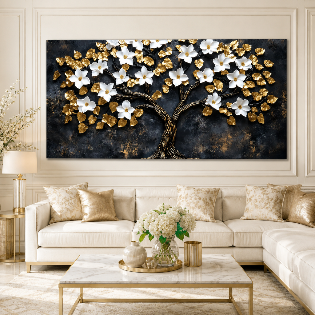 Luxury White Flower Golden Tree 3D Wall Art Painting for Modern Living Room