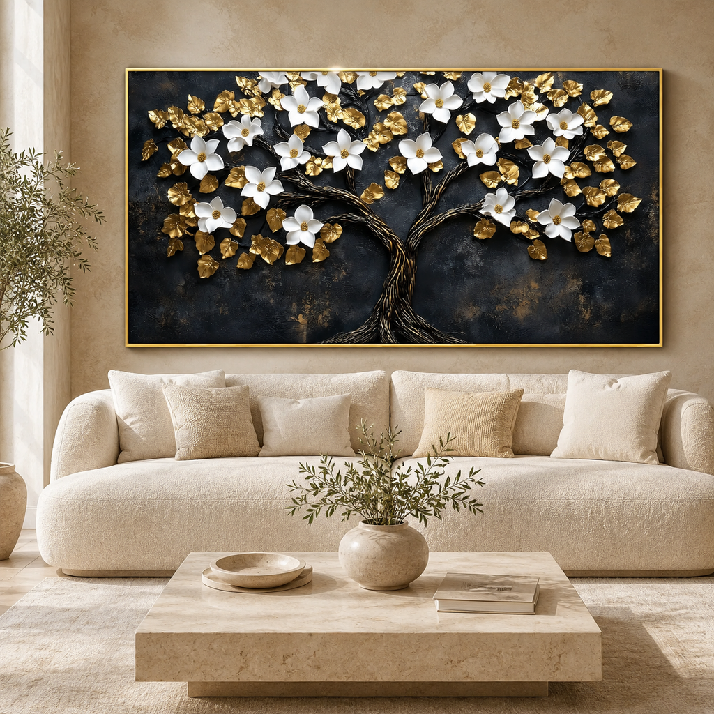 Luxury White Flower Golden Tree 3D Wall Art Painting for Modern Living Room