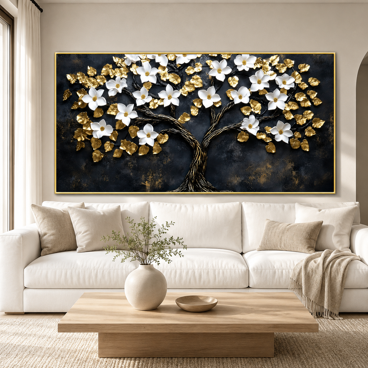 Luxury White Flower Golden Tree 3D Wall Art Painting for Modern Living Room