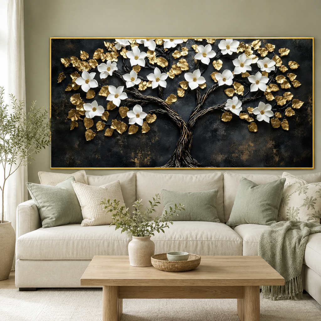 Luxury White Flower Golden Tree 3D Wall Art Painting for Modern Living Room