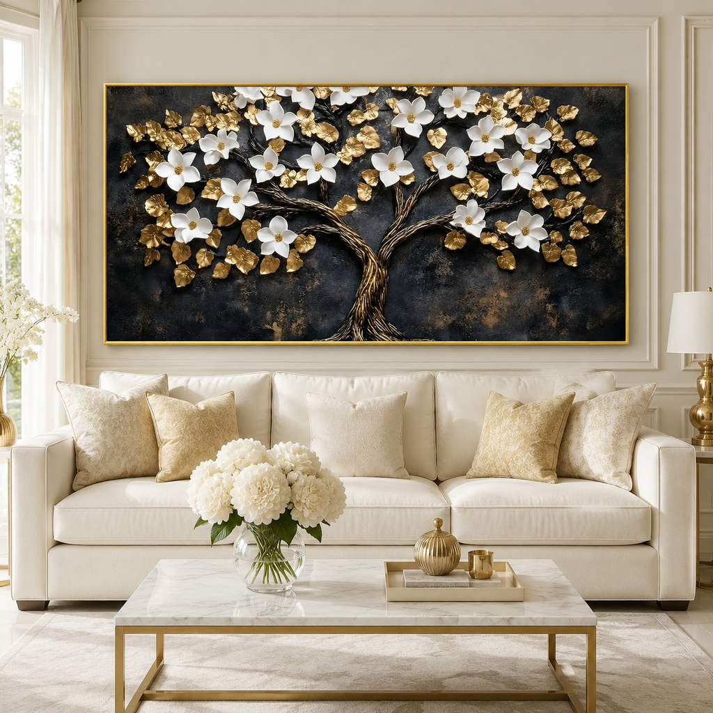 Luxury White Flower Golden Tree 3D Wall Art Painting for Modern Living Room