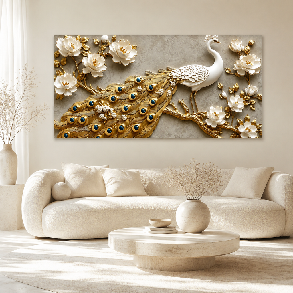 Elegant Peacock 3D Painting with Gold Accents for Modern Home Decor