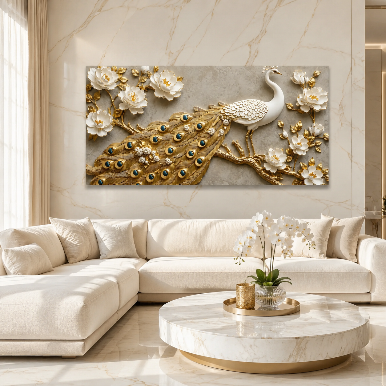 Elegant Peacock 3D Painting with Gold Accents for Modern Home Decor
