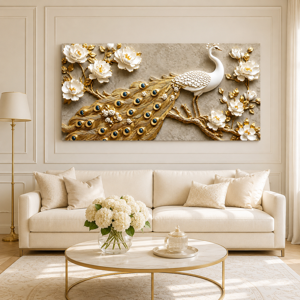 Elegant Peacock 3D Painting with Gold Accents for Modern Home Decor