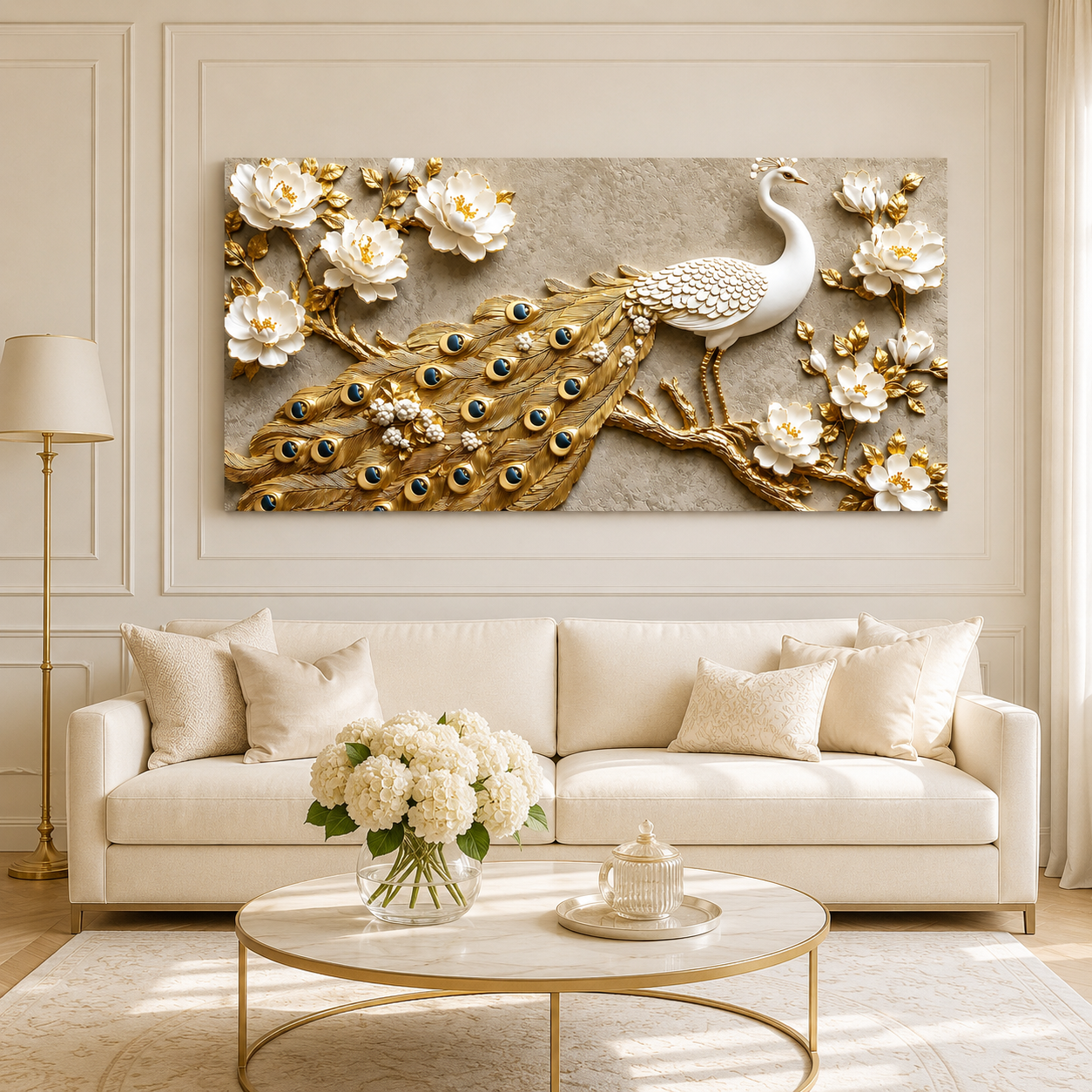Elegant Peacock 3D Painting with Gold Accents for Modern Home Decor