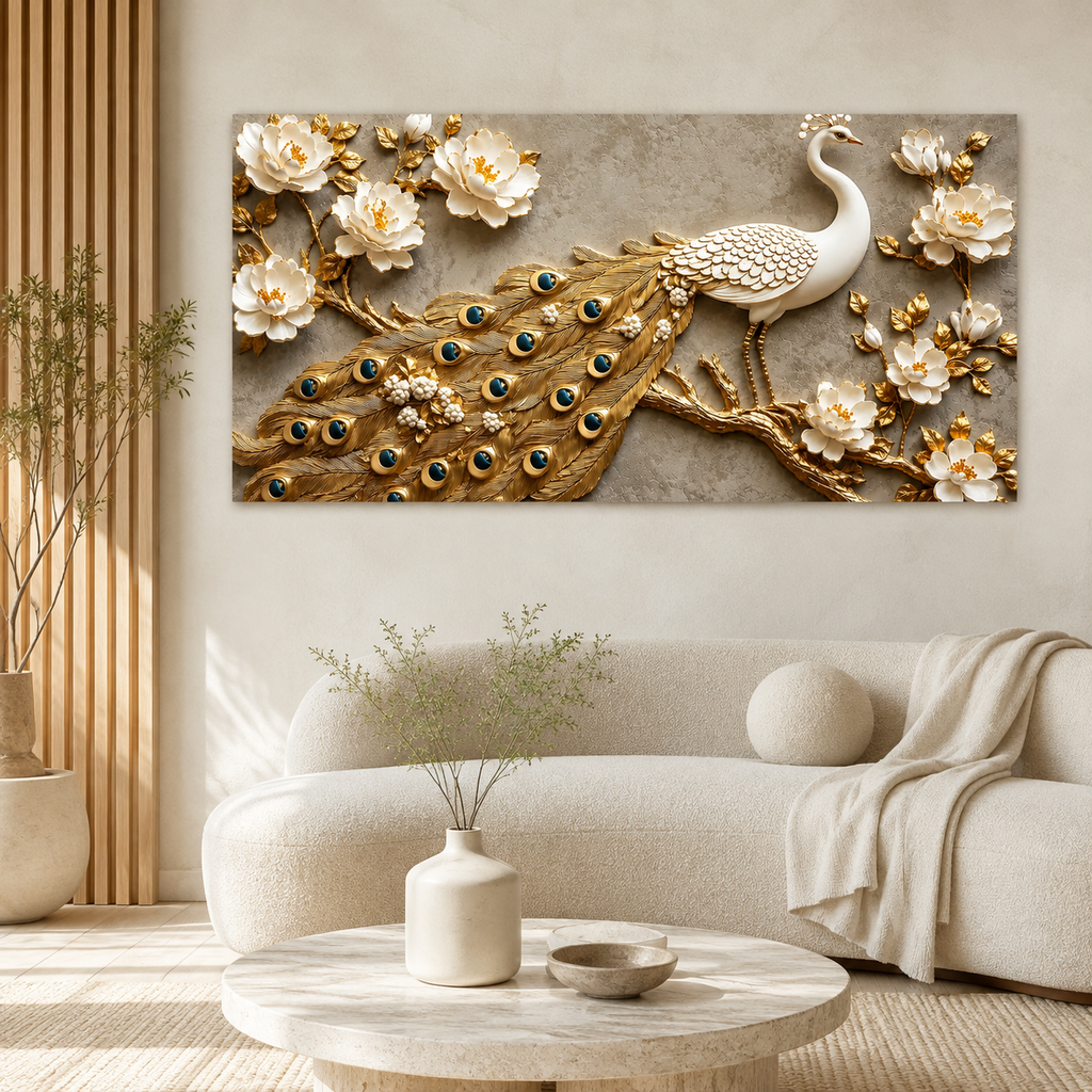 Elegant Peacock 3D Painting with Gold Accents for Modern Home Decor