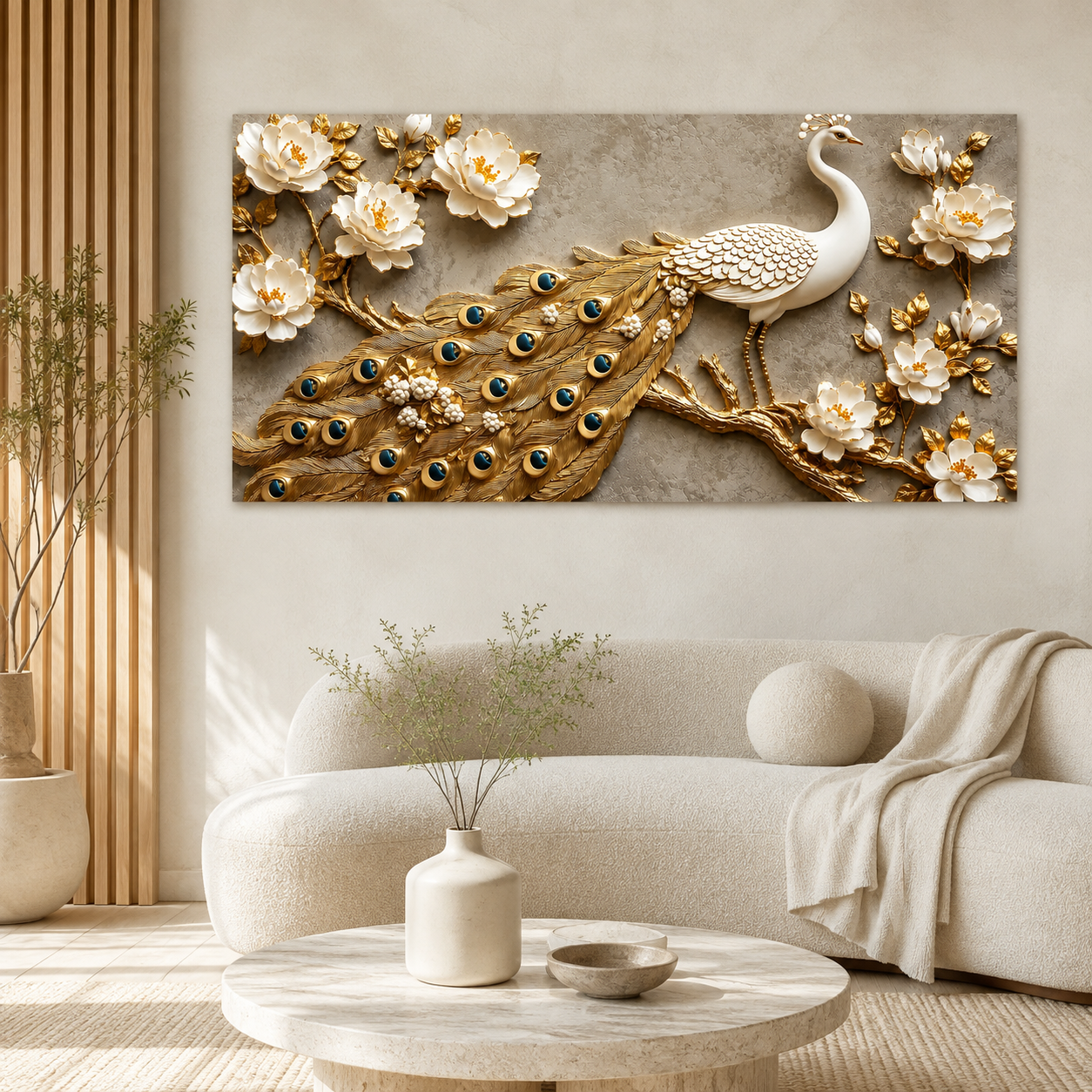 Elegant Peacock 3D Painting with Gold Accents for Modern Home Decor