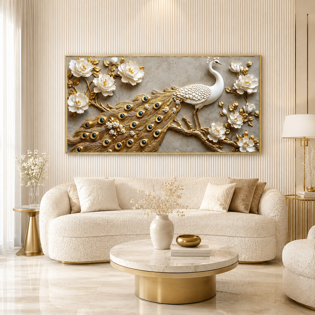Elegant Peacock 3D Painting with Gold Accents for Modern Home Decor