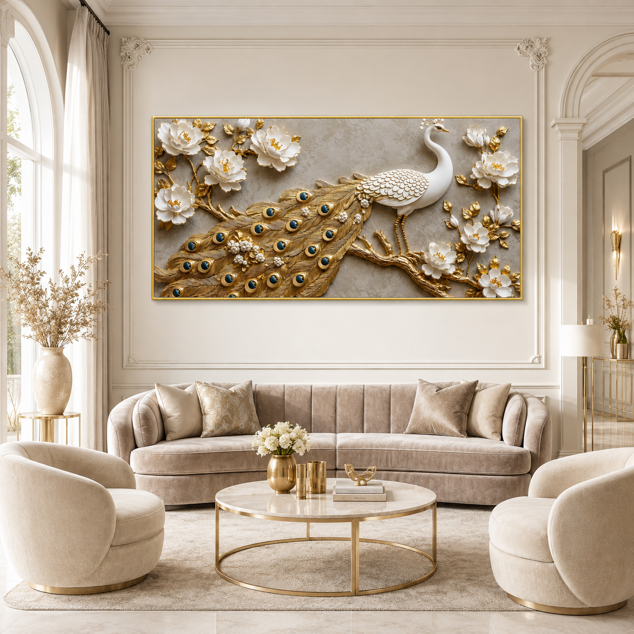 Elegant Peacock 3D Painting with Gold Accents for Modern Home Decor