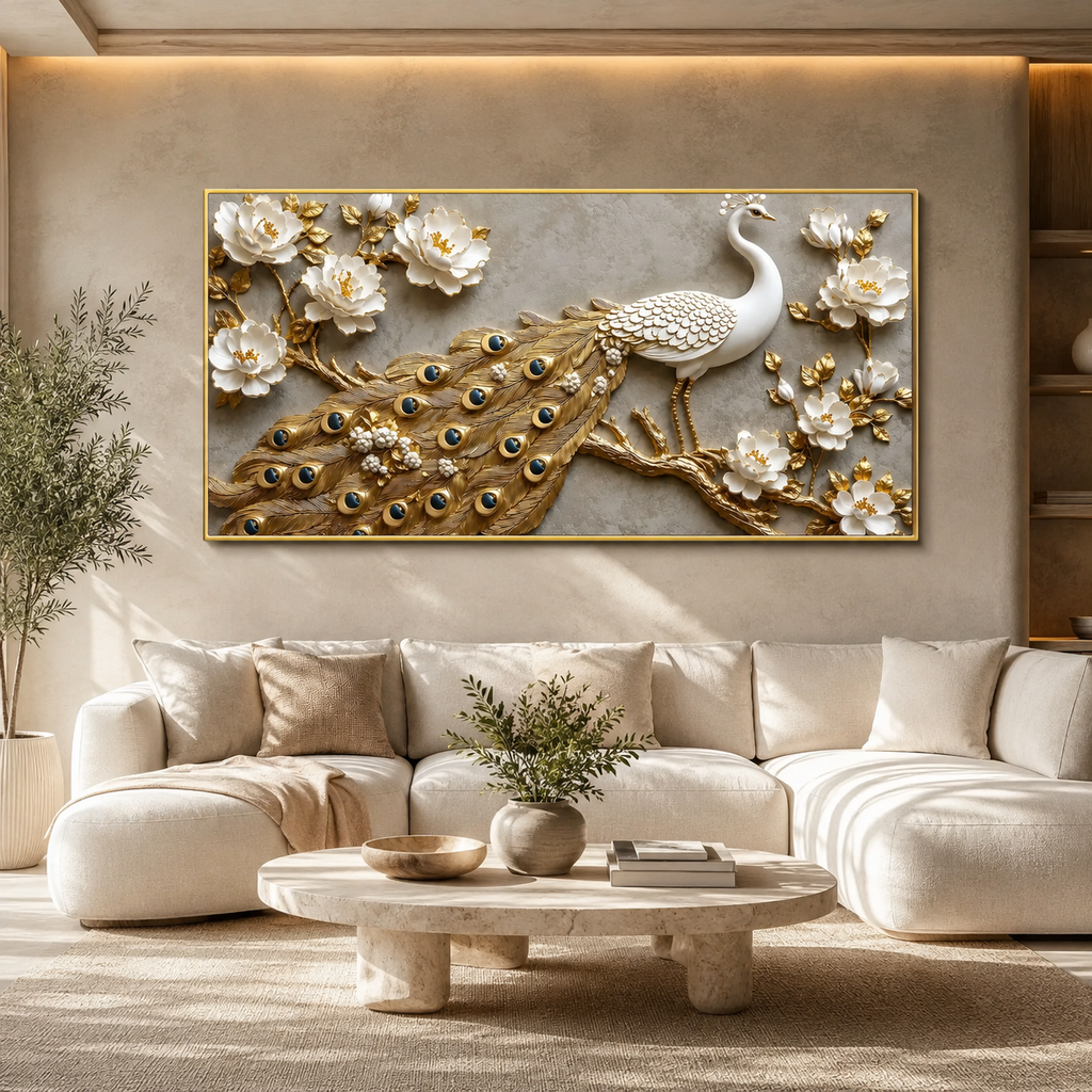 Elegant Peacock 3D Painting with Gold Accents for Modern Home Decor