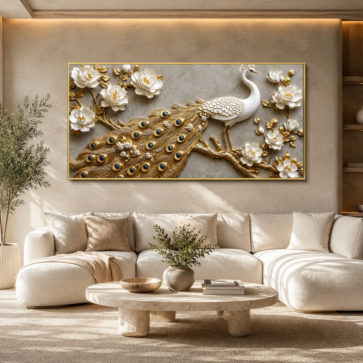 Elegant Peacock 3D Painting with Gold Accents for Modern Home Decor