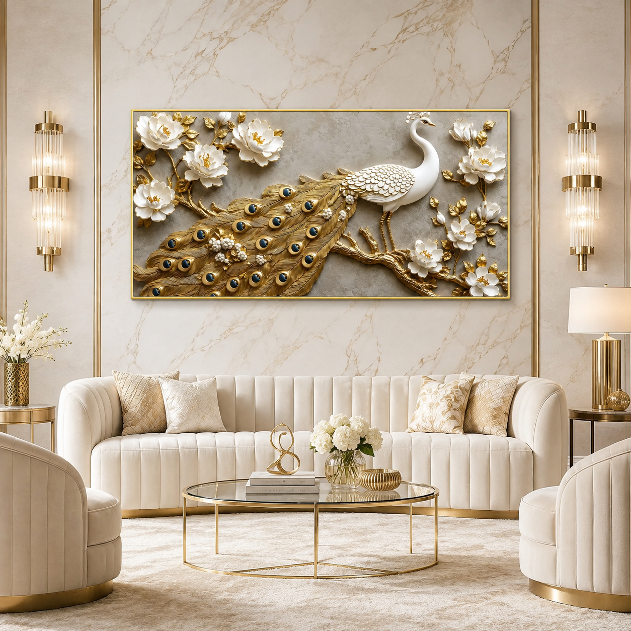 Elegant Peacock 3D Painting with Gold Accents for Modern Home Decor