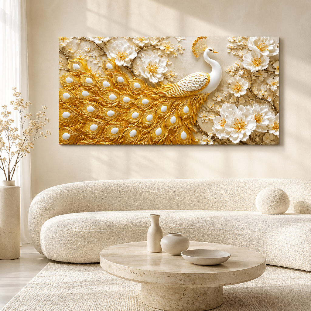 Grand Peacock 3D Painting with Golden Feather Texture and White Floral Art