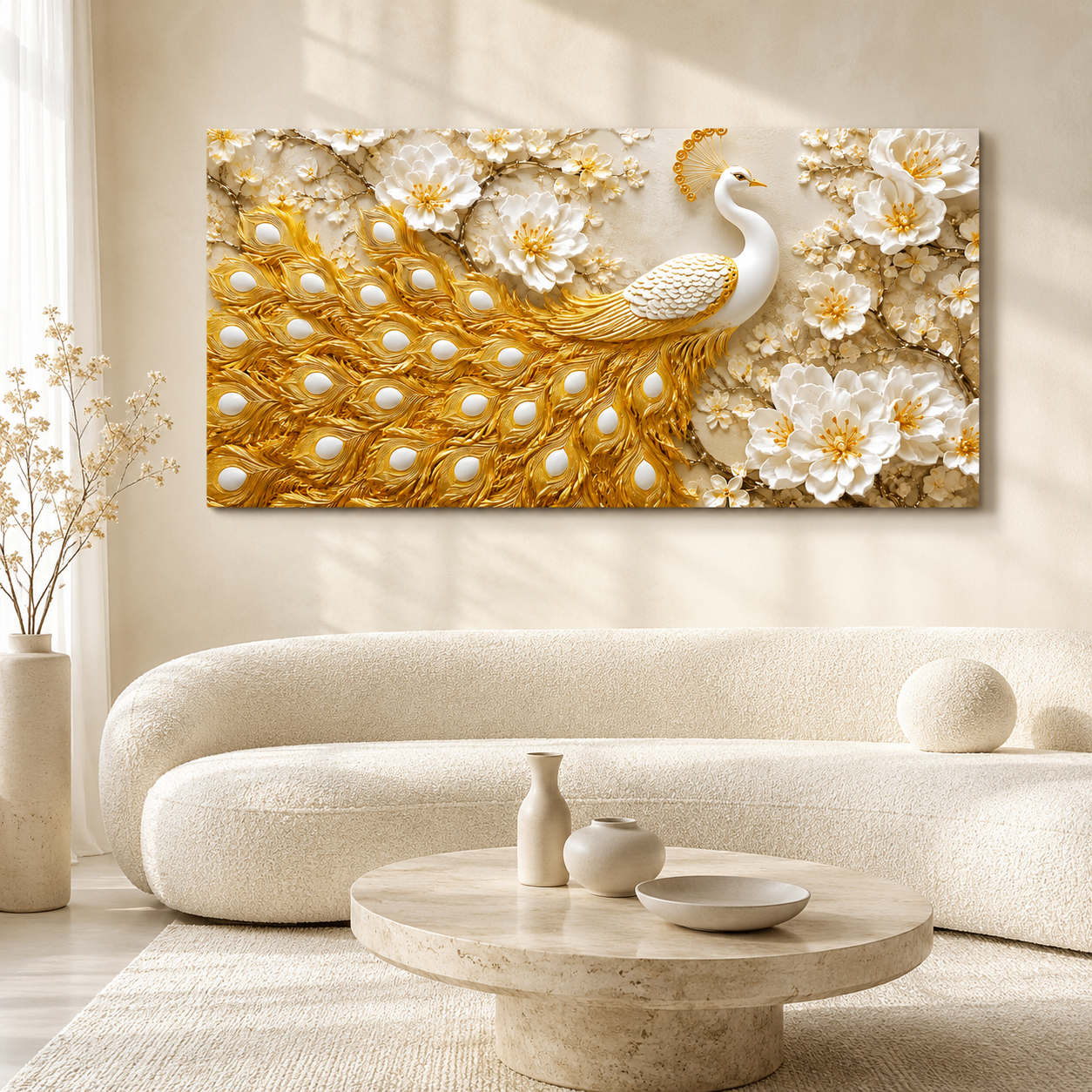 Grand Peacock 3D Painting with Golden Feather Texture and White Floral Art
