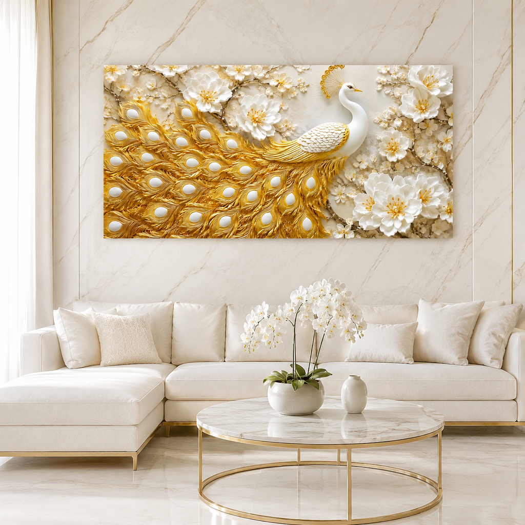 Grand Peacock 3D Painting with Golden Feather Texture and White Floral Art