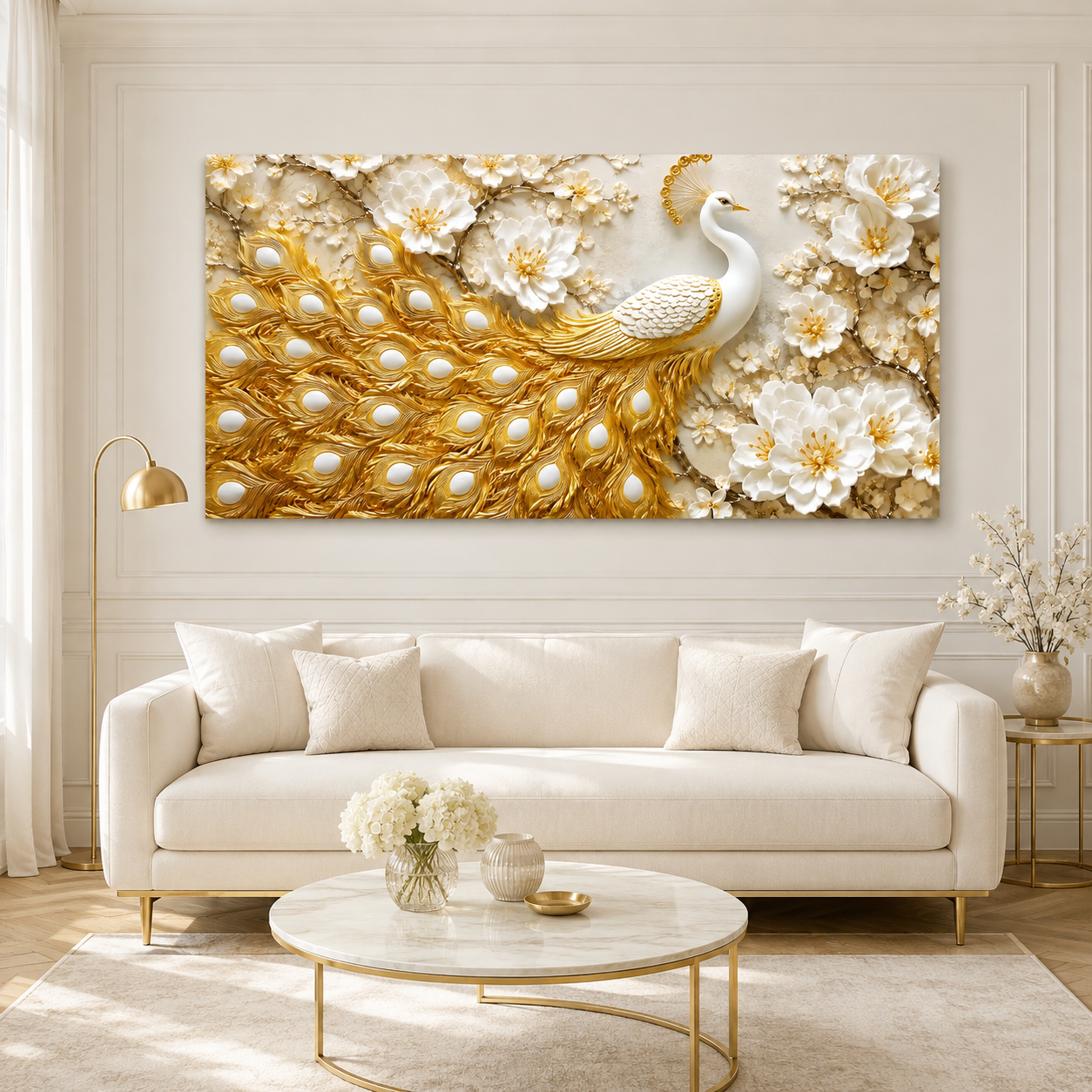 Grand Peacock 3D Painting with Golden Feather Texture and White Floral Art