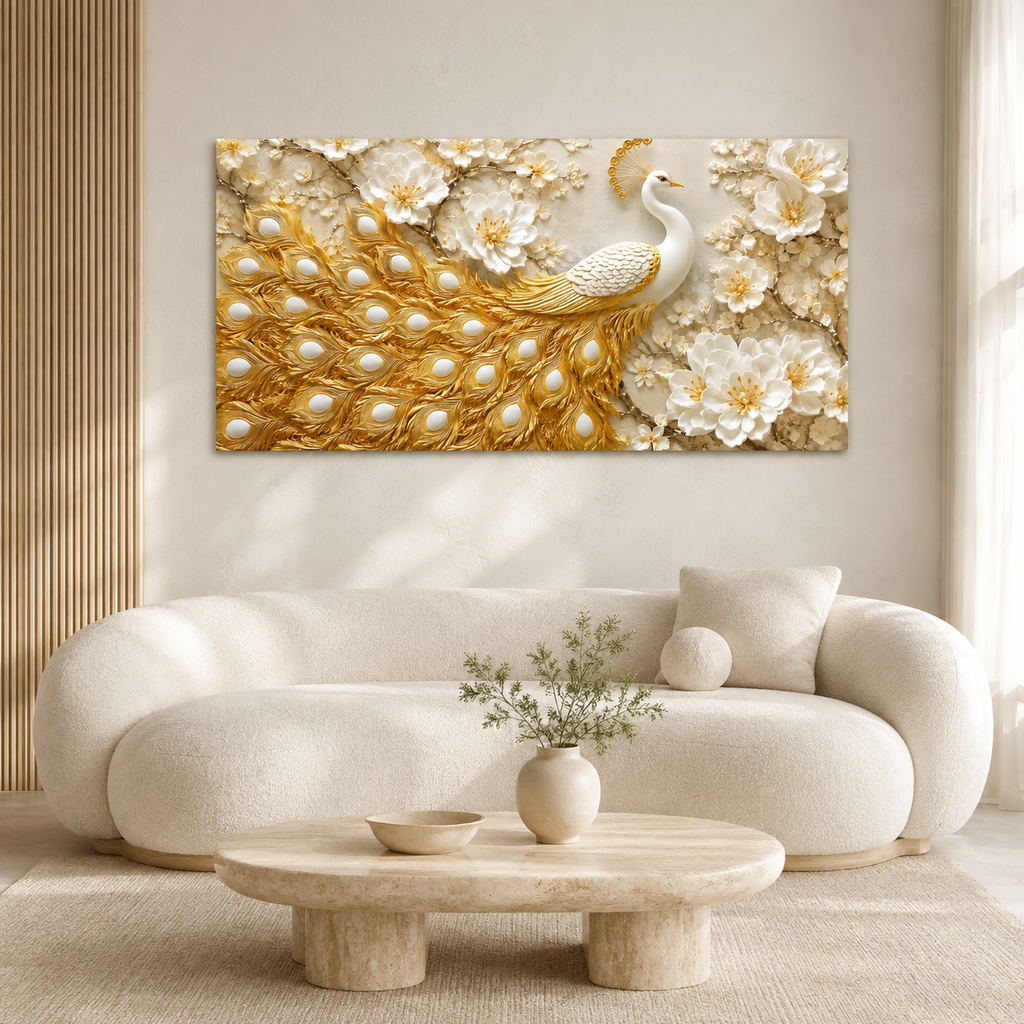 Grand Peacock 3D Painting with Golden Feather Texture and White Floral Art