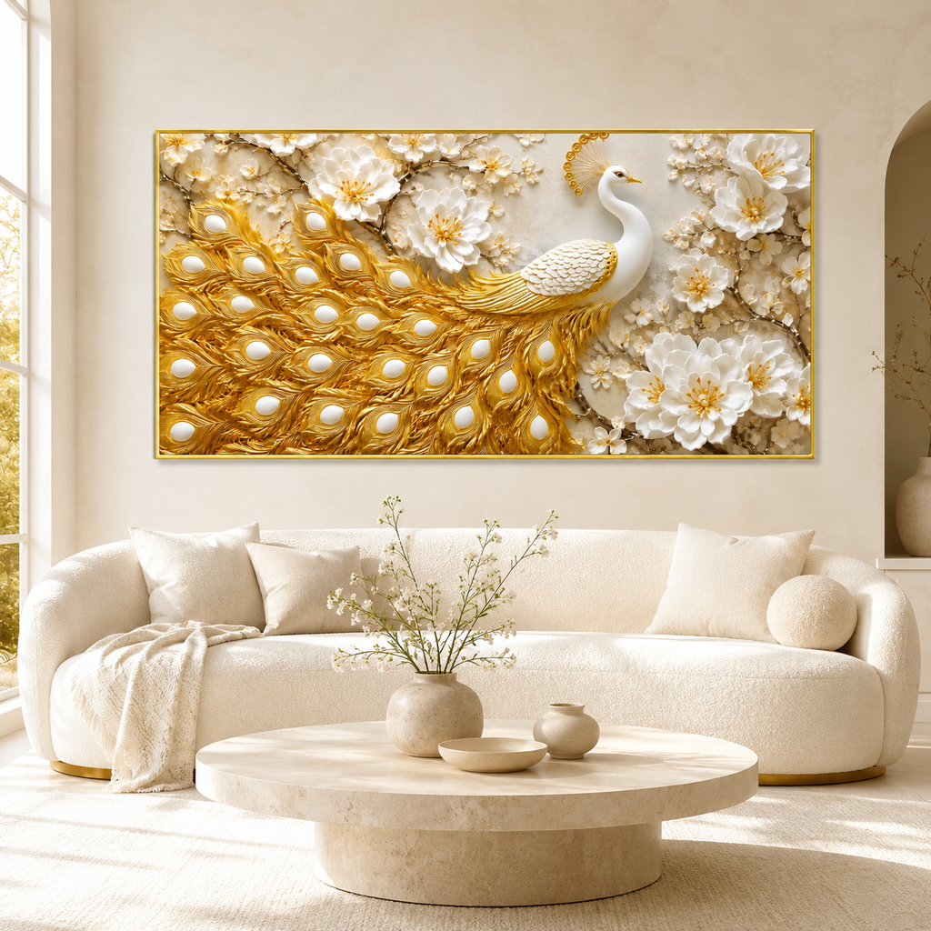 Grand Peacock 3D Painting with Golden Feather Texture and White Floral Art