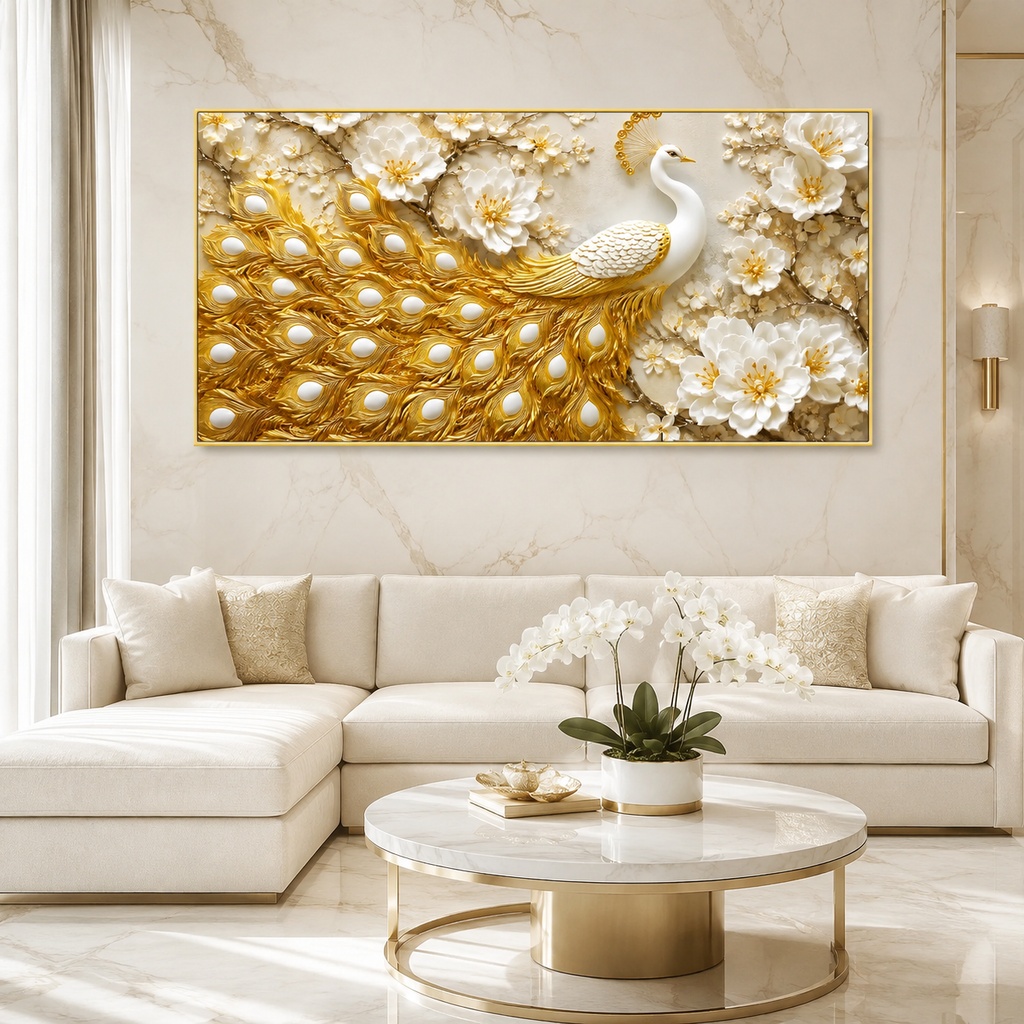 Grand Peacock 3D Painting with Golden Feather Texture and White Floral Art
