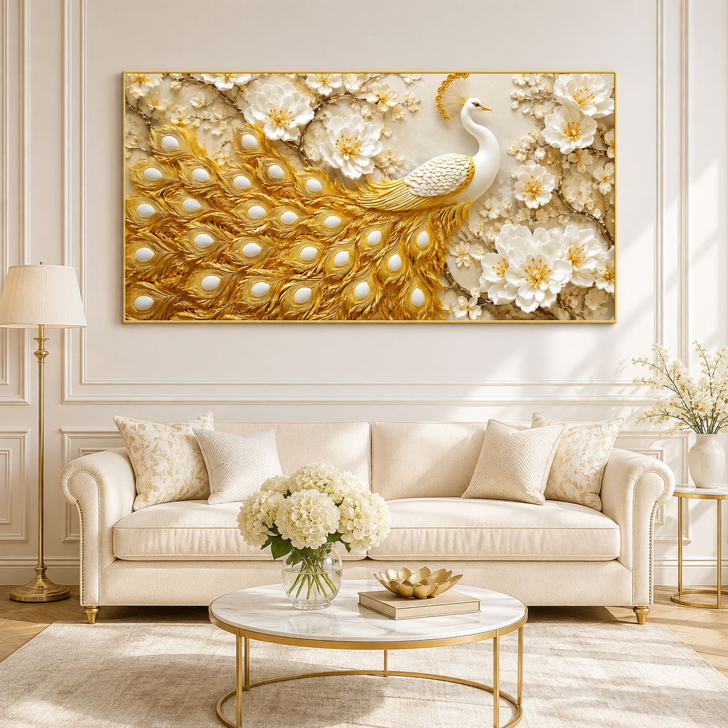 Grand Peacock 3D Painting with Golden Feather Texture and White Floral Art