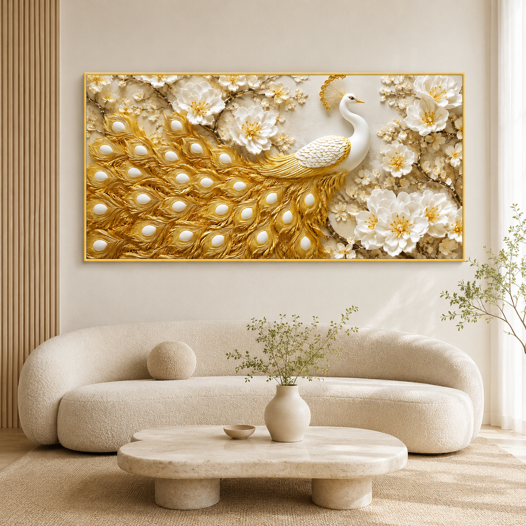 Grand Peacock 3D Painting with Golden Feather Texture and White Floral Art