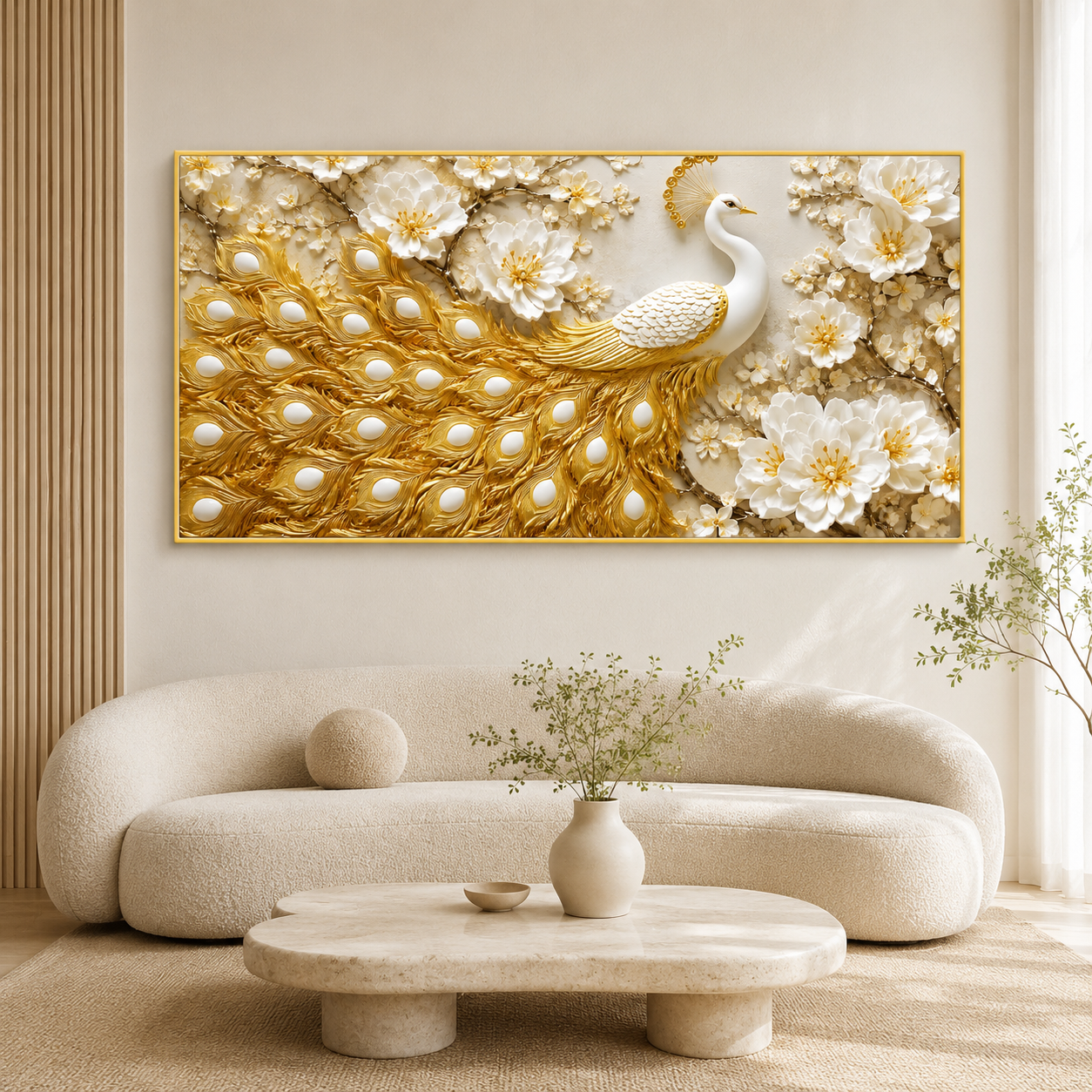 Grand Peacock 3D Painting with Golden Feather Texture and White Floral Art
