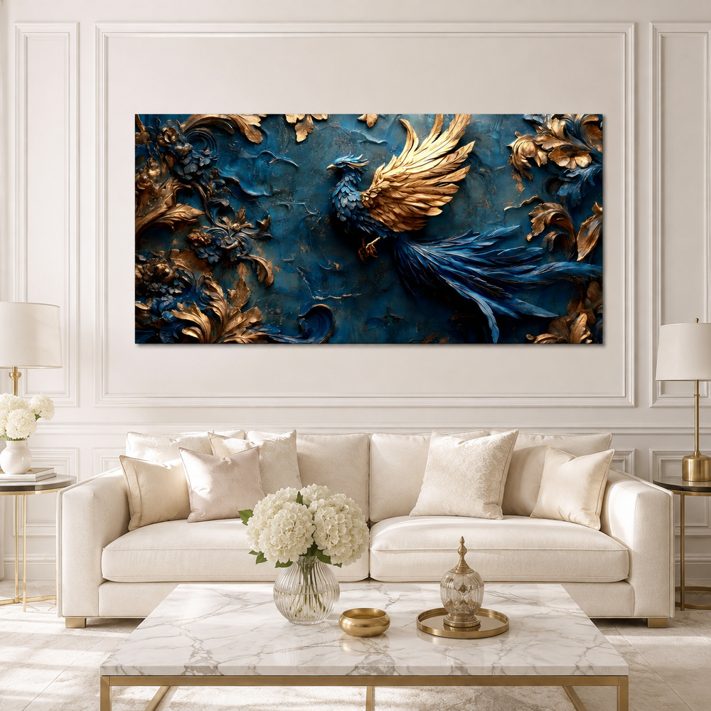 Elegant Blue Gold Phoenix Wall Painting, 3D Bird Artwork for Luxury Living Room Decor