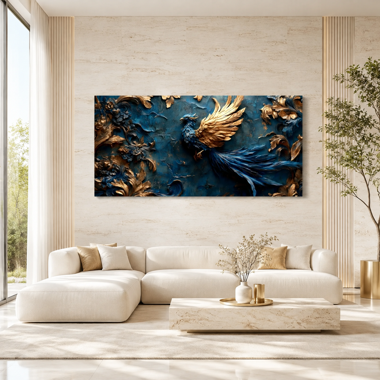 Elegant Blue Gold Phoenix Wall Painting, 3D Bird Artwork for Luxury Living Room Decor