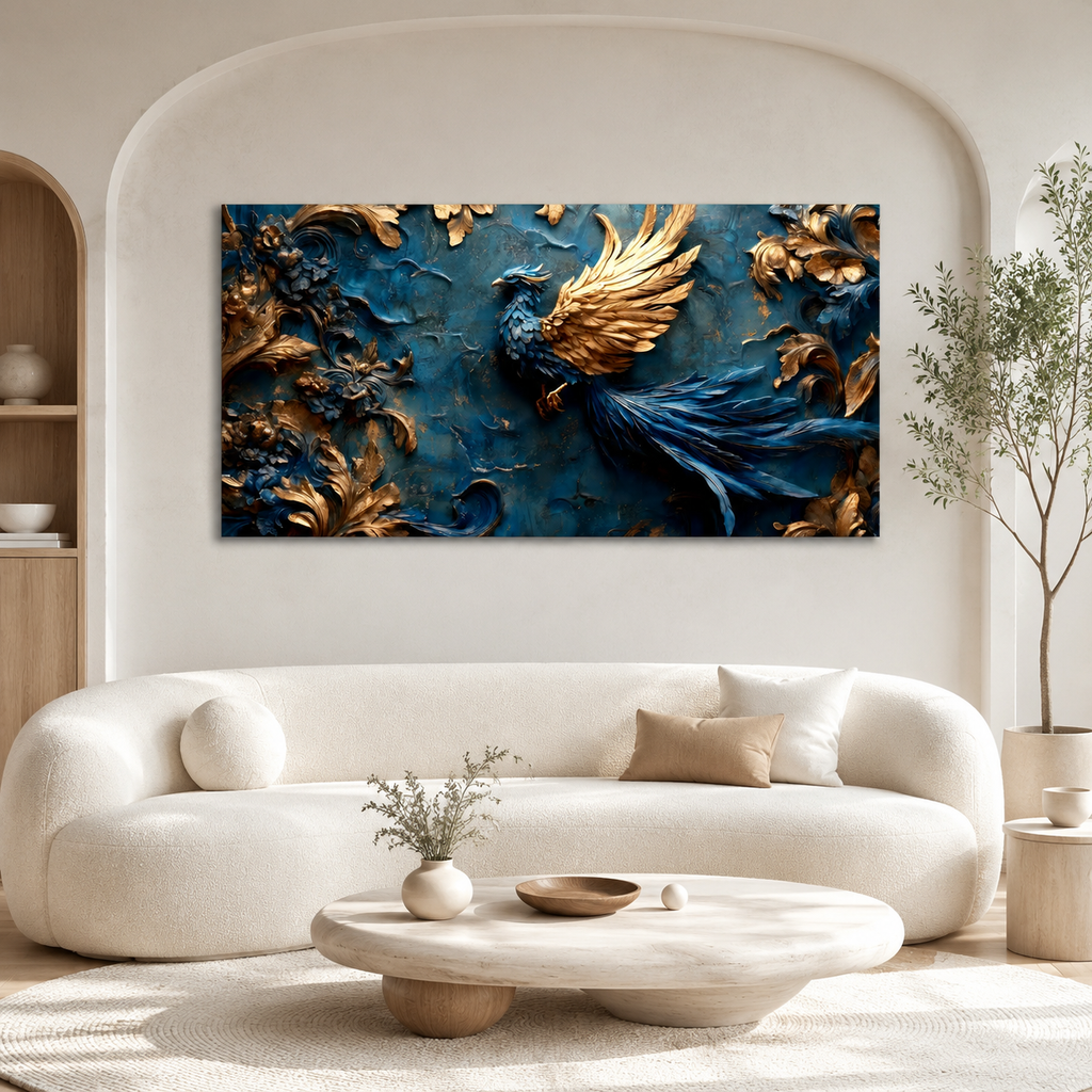 Elegant Blue Gold Phoenix Wall Painting, 3D Bird Artwork for Luxury Living Room Decor