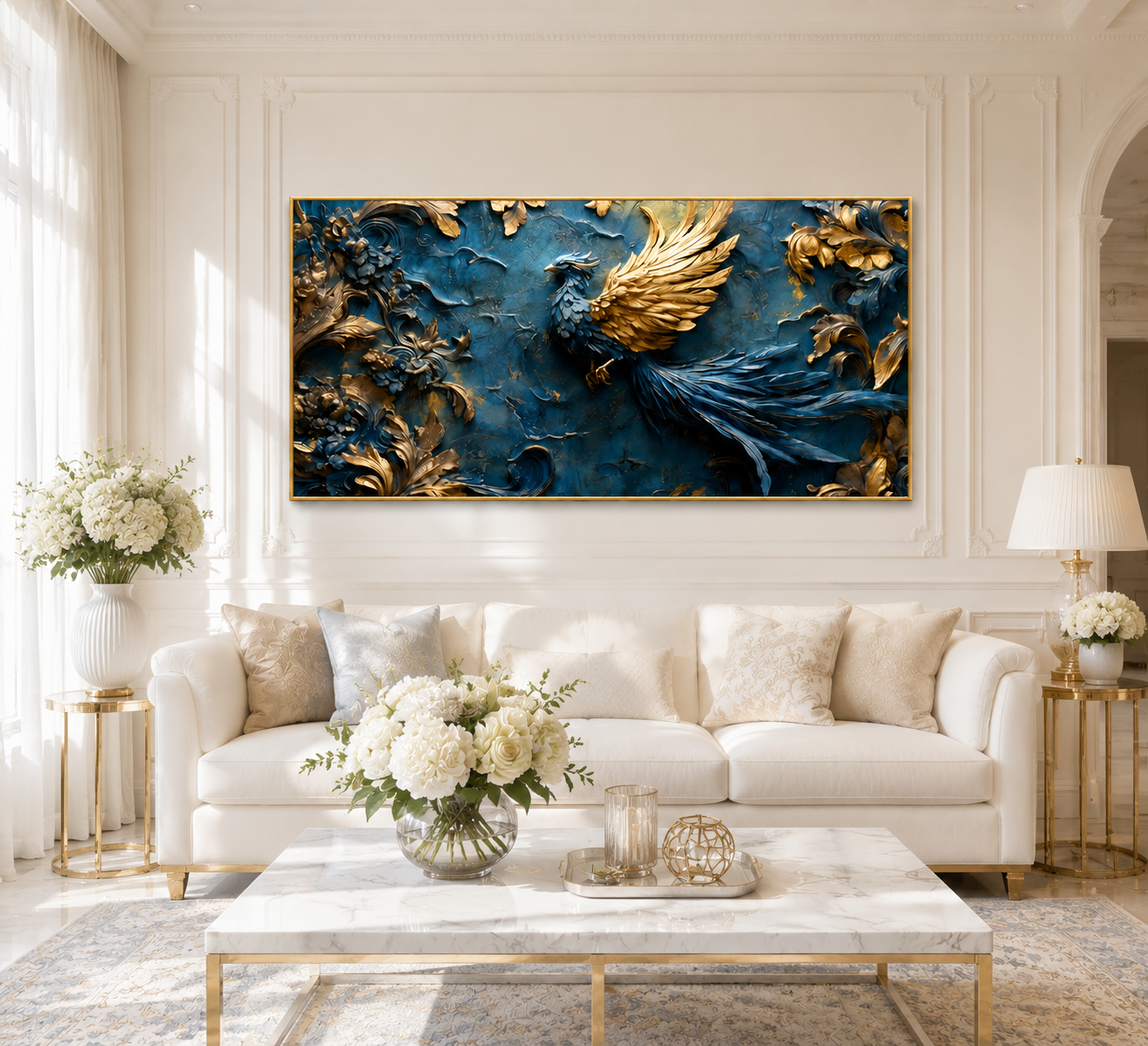 Elegant Blue Gold Phoenix Wall Painting, 3D Bird Artwork for Luxury Living Room Decor