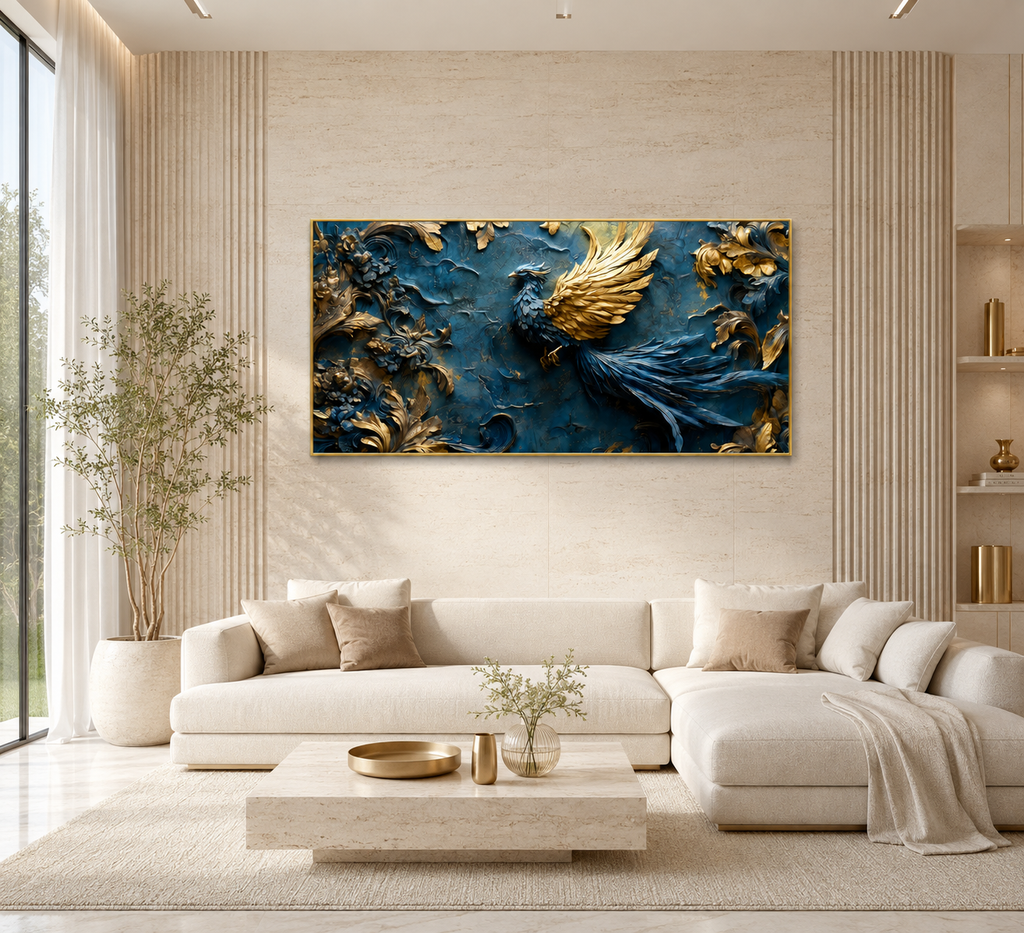 Elegant Blue Gold Phoenix Wall Painting, 3D Bird Artwork for Luxury Living Room Decor
