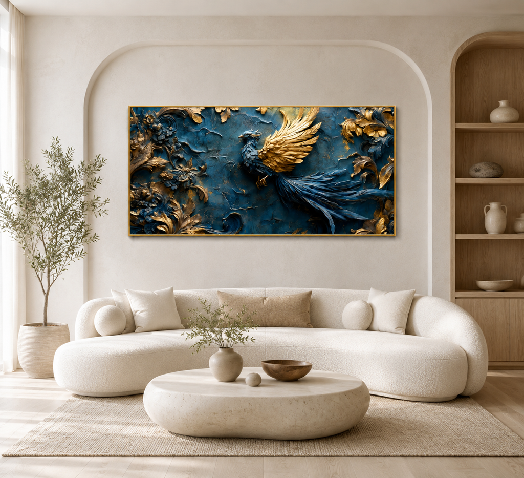 Elegant Blue Gold Phoenix Wall Painting, 3D Bird Artwork for Luxury Living Room Decor