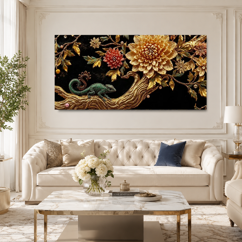 Elegant 3D Chameleon Tree Painting with Gold Floral Details for Luxury Living Room