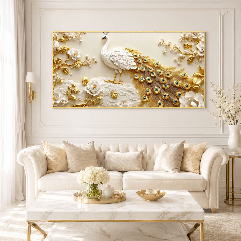 Premium 3D Peacock Artwork with Gold Feather Details and White Floral Embossed Texture for Home