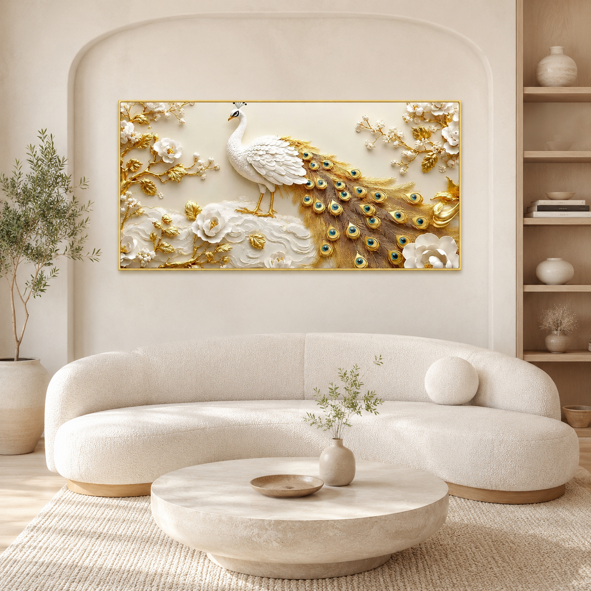 Premium 3D Peacock Artwork with Gold Feather Details and White Floral Embossed Texture for Home