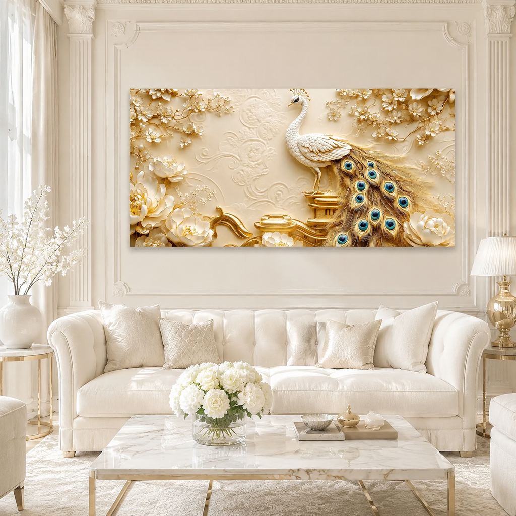 Artistic 3D White Peacock Painting with Gold Tail Feathers and Floral Embossed Wall Decor Design