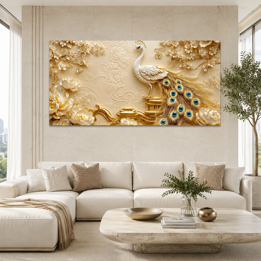Artistic 3D White Peacock Painting with Gold Tail Feathers and Floral Embossed Wall Decor Design