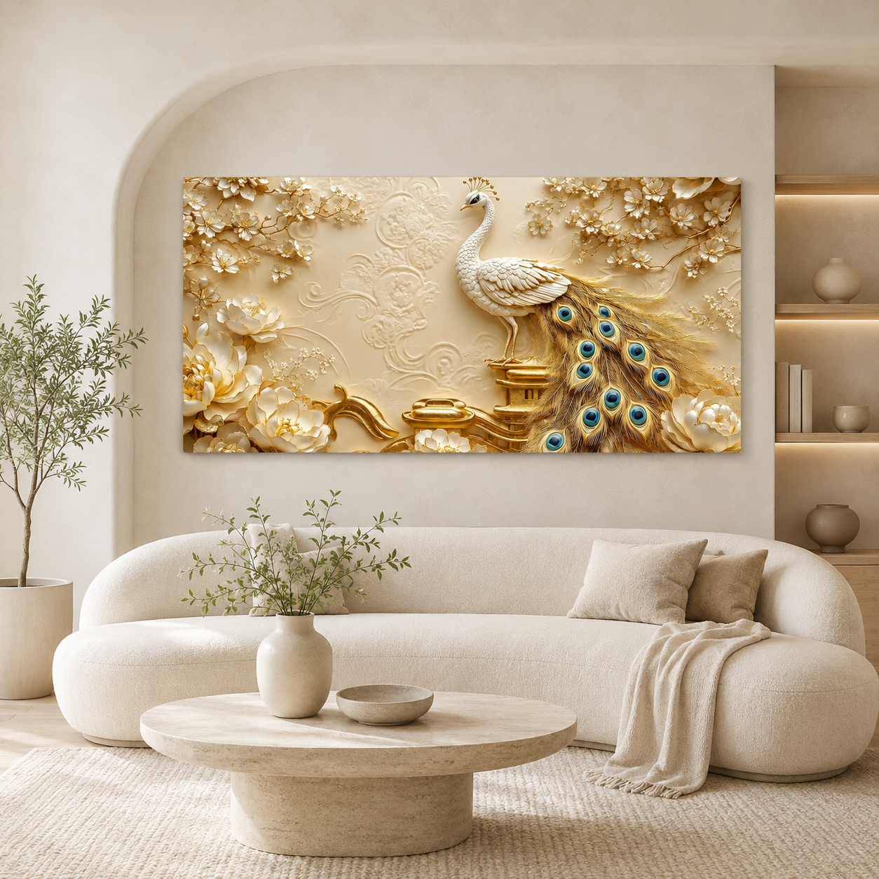 Artistic 3D White Peacock Painting with Gold Tail Feathers and Floral Embossed Wall Decor Design