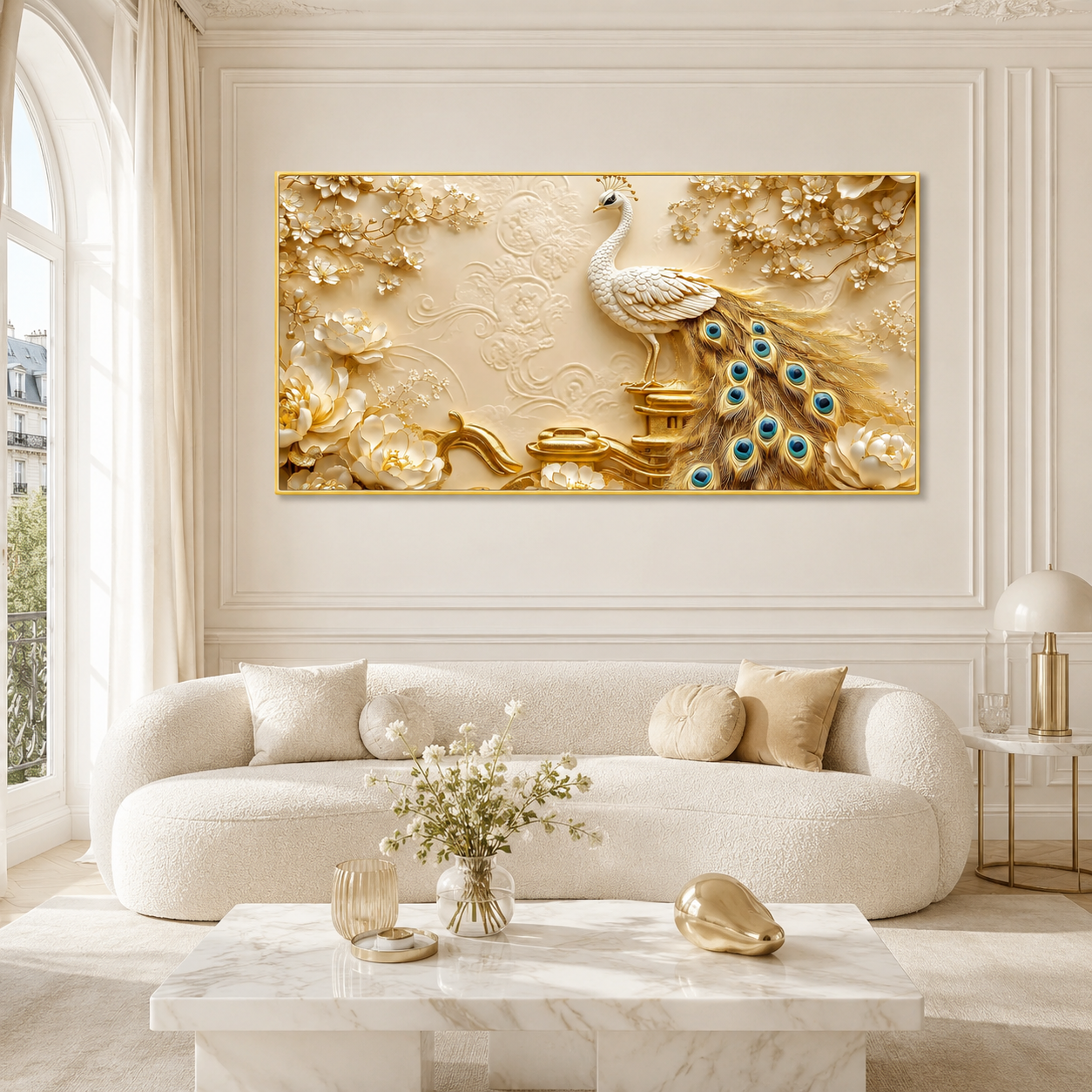 Artistic 3D White Peacock Painting with Gold Tail Feathers and Floral Embossed Wall Decor Design