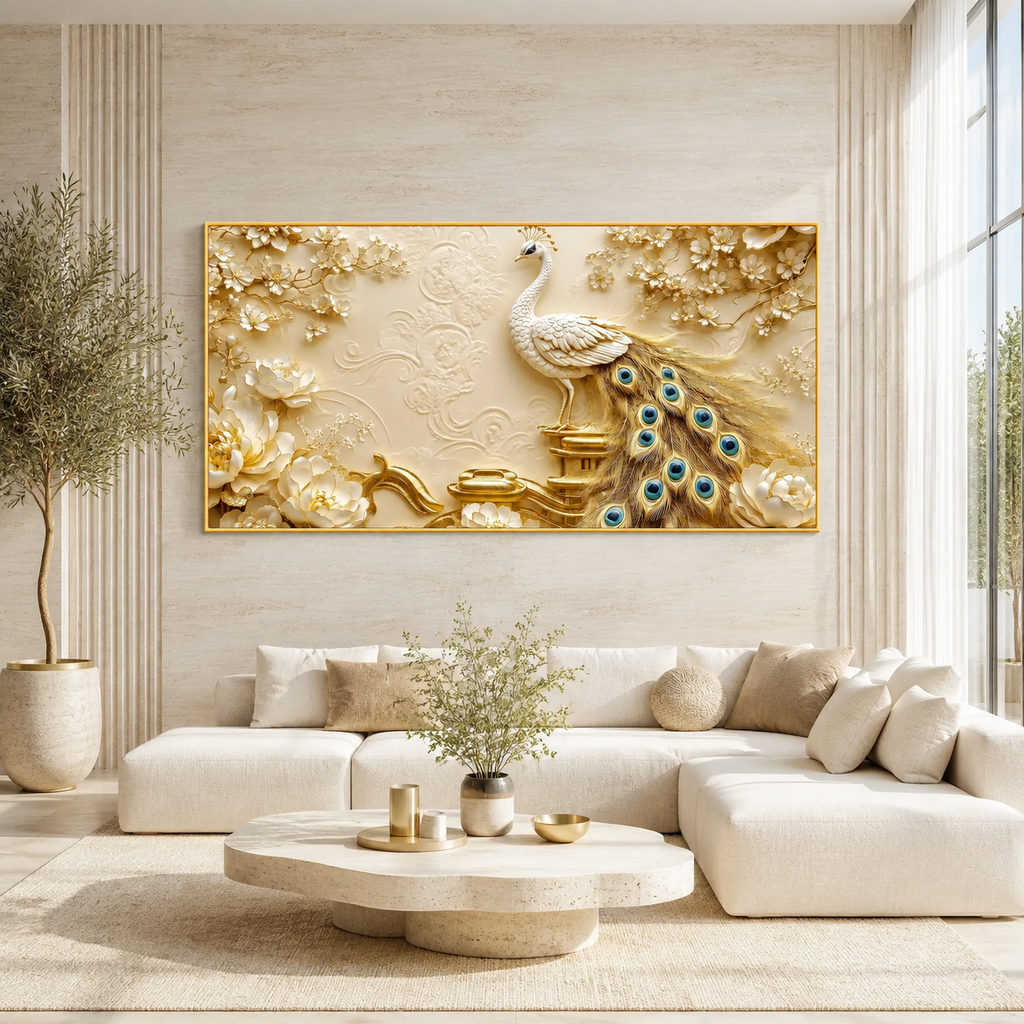 Artistic 3D White Peacock Painting with Gold Tail Feathers and Floral Embossed Wall Decor Design